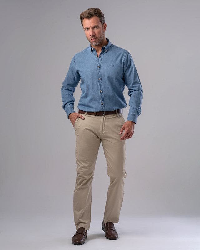 Light Blue Denim Shirt with Brown Pants Outfits For Men (12 ideas &  outfits) | Lookastic